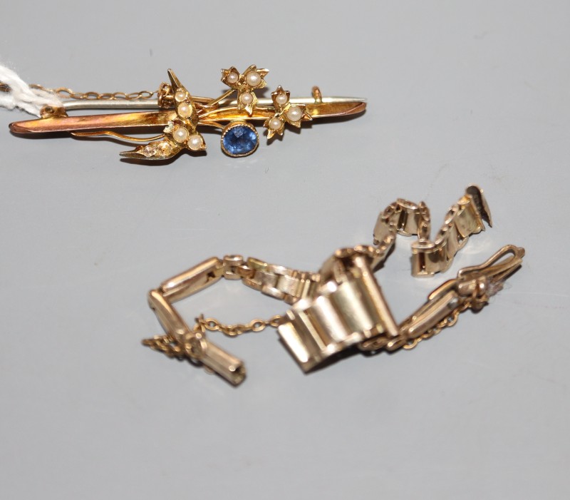 An Edwardian 9ct sapphire & seed pear swallow brooch, 45mm and a 9ct watch strap.